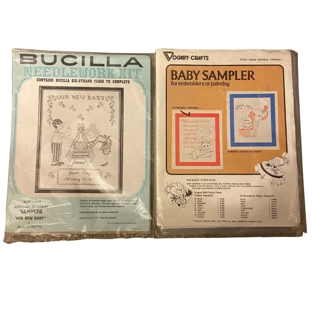 6951 VTG Set of 3 Cross Stitch Kits Sewing Pattern Bucilla, Vogart Baby Sampler